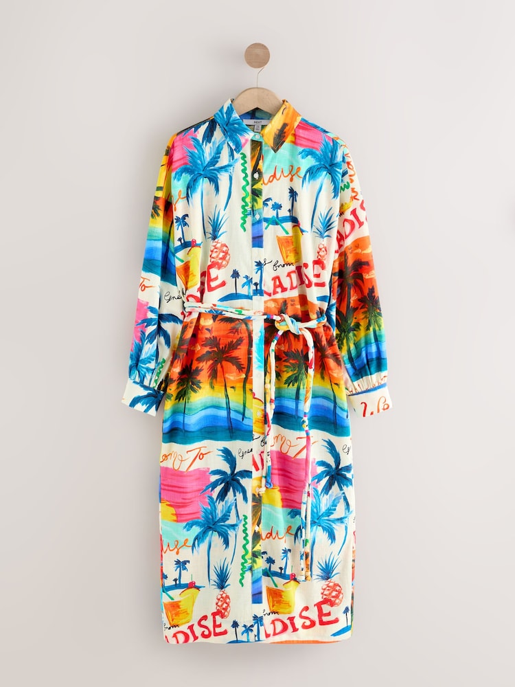 Bright Palm Graphic Print Long Sleeve Tie Waist 100% Cotton Shirt Dress - Image 1 of 3