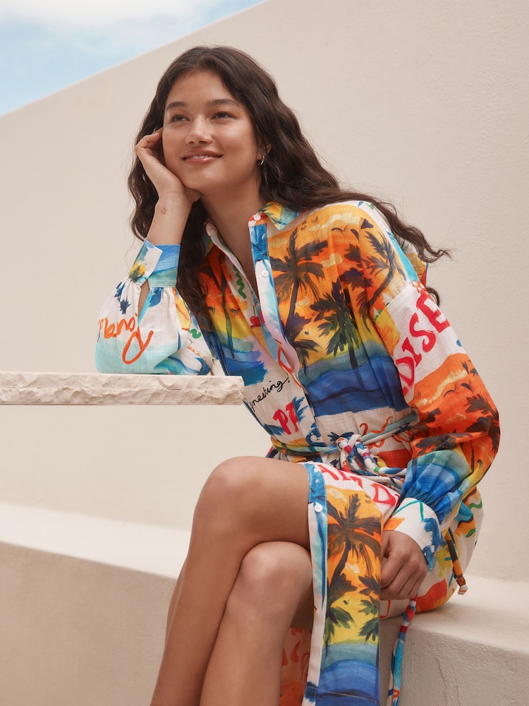 Bright Palm Graphic Print Long Sleeve Tie Waist 100% Cotton Shirt Dress - Image 1 of 7 Bright Palm Graphic Print Long Sleeve Tie Waist 100% Cotton Shirt Dress - Image 1 of 7