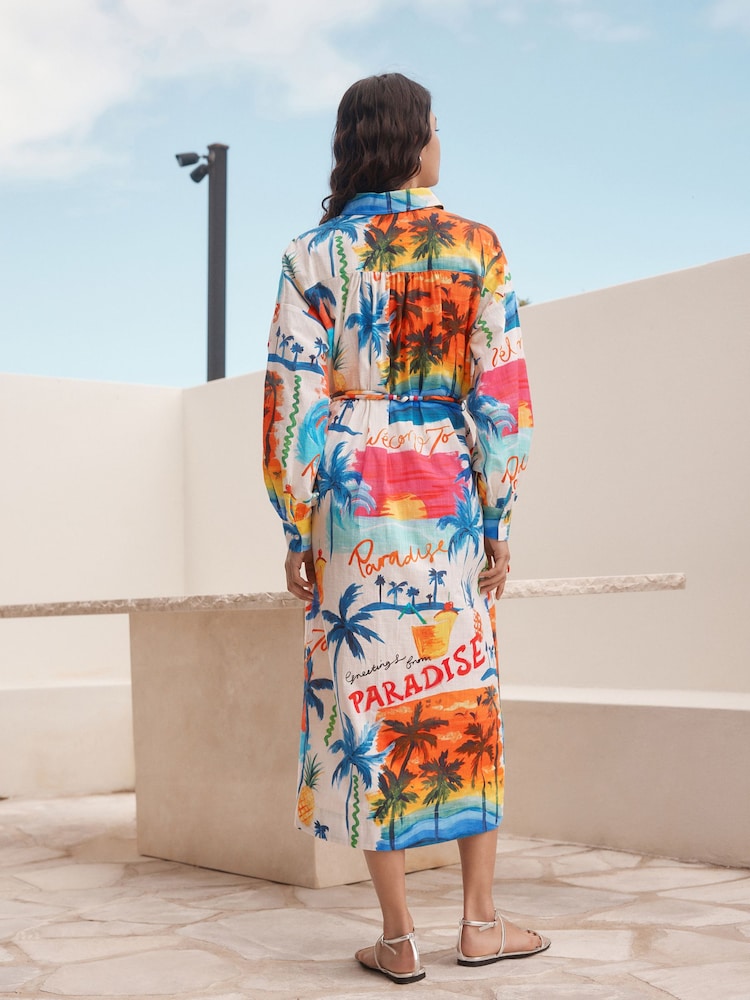 Bright Palm Graphic Print Long Sleeve Tie Waist 100% Cotton Shirt Dress - Image 2 of 7 Bright Palm Graphic Print Long Sleeve Tie Waist 100% Cotton Shirt Dress - Image 2 of 7