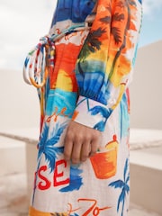 Bright Palm Graphic Print Long Sleeve Tie Waist 100% Cotton Shirt Dress - Image 4 of 7