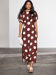 Chocolate Brown Spot Print Puff Sleeve Midi Dress - Image 2 of 3