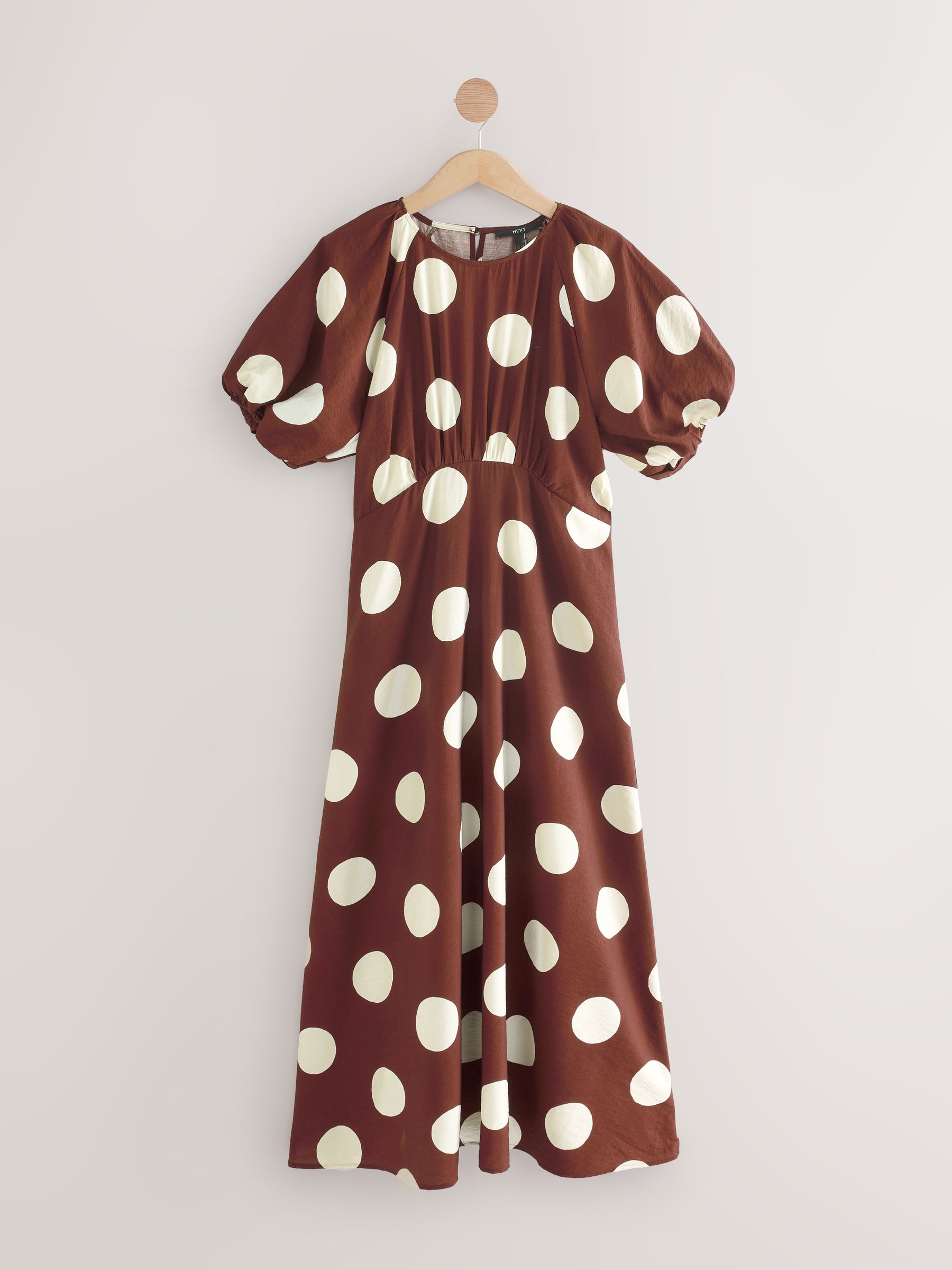 Chocolate Brown Spot Puff Sleeve Midi Dress | Laura Ashley