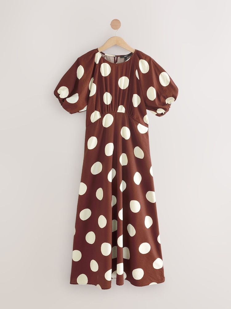 Czekoladowobrązowy w kropki - Print Puff Sleeve Midi Dress - Image 5 of 8