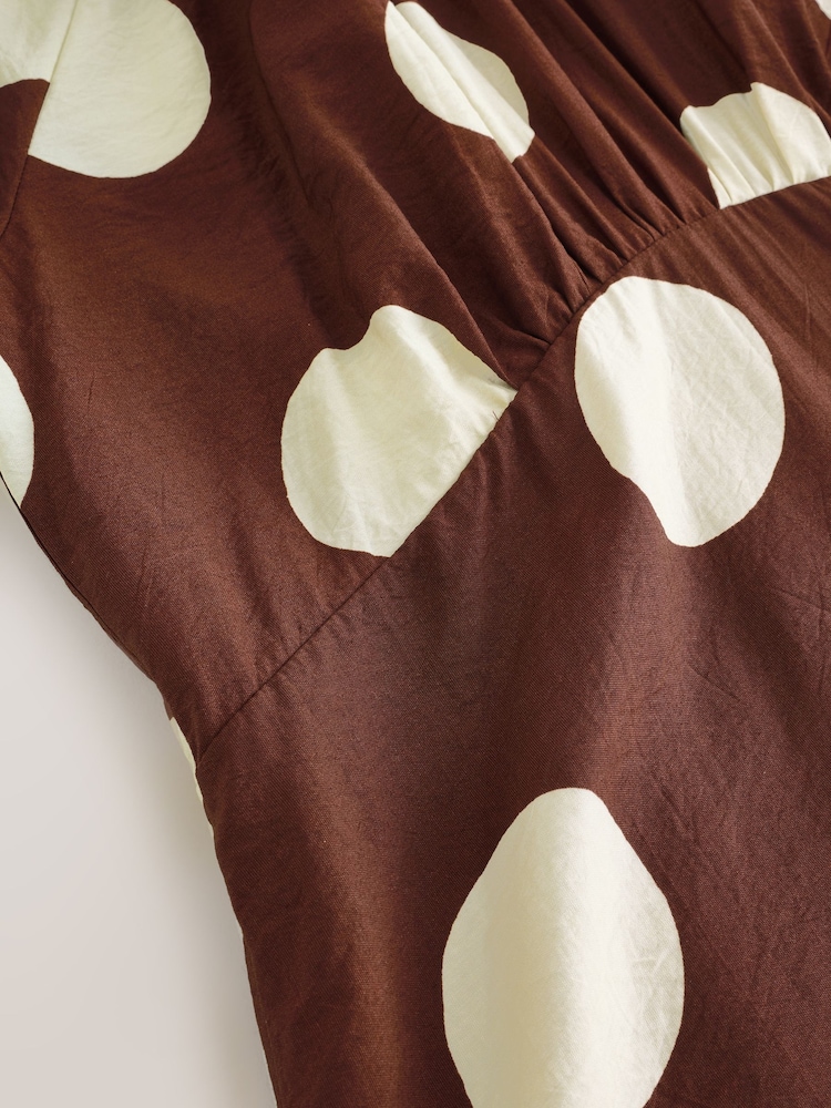 Czekoladowobrązowy w kropki - Print Puff Sleeve Midi Dress - Image 7 of 8