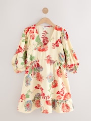 Ecru/Cream & Red Floral Volume Sleeve Tie Mini Dress - Image 5 of 7