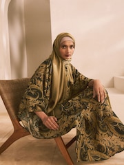 Black and Gold Paisley Print Occasion Kaftan Style V-Neck Maxi Dress - Image 1 of 7