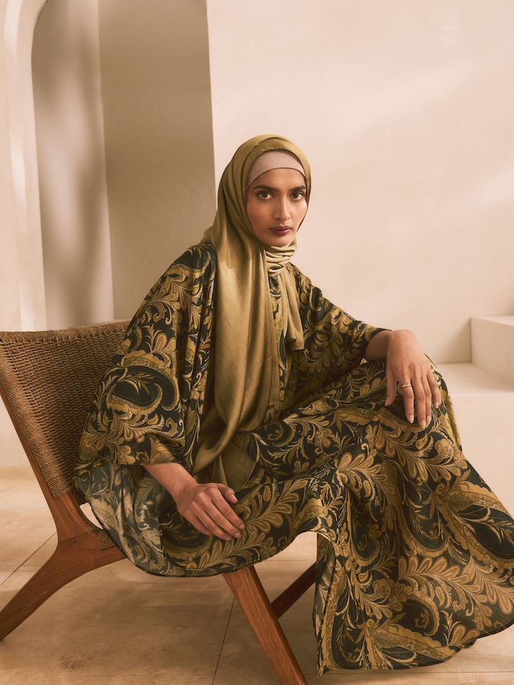 Black and Gold Paisley Print Occasion Kaftan Style V-Neck Maxi Dress - Image 1 of 7
