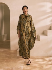 Black and Gold Paisley Print Occasion Kaftan Style V-Neck Maxi Dress - Image 2 of 7