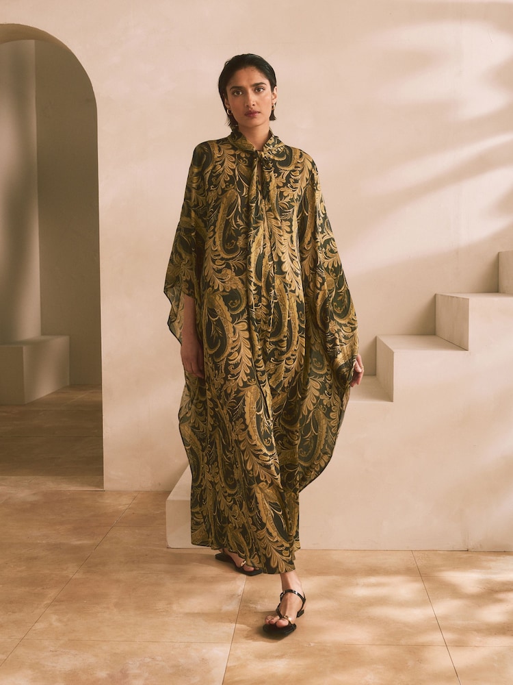 Black and Gold Paisley Print Occasion Kaftan Style V-Neck Maxi Dress - Image 2 of 7