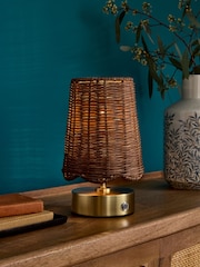 Clarke and Clarke Rattan/Brass Isla Rechargeable Wireless Touch Lamp - Image 1 of 7