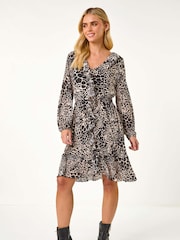 Roman Black Petite Animal Print Frill Dress - Image 1 of 5