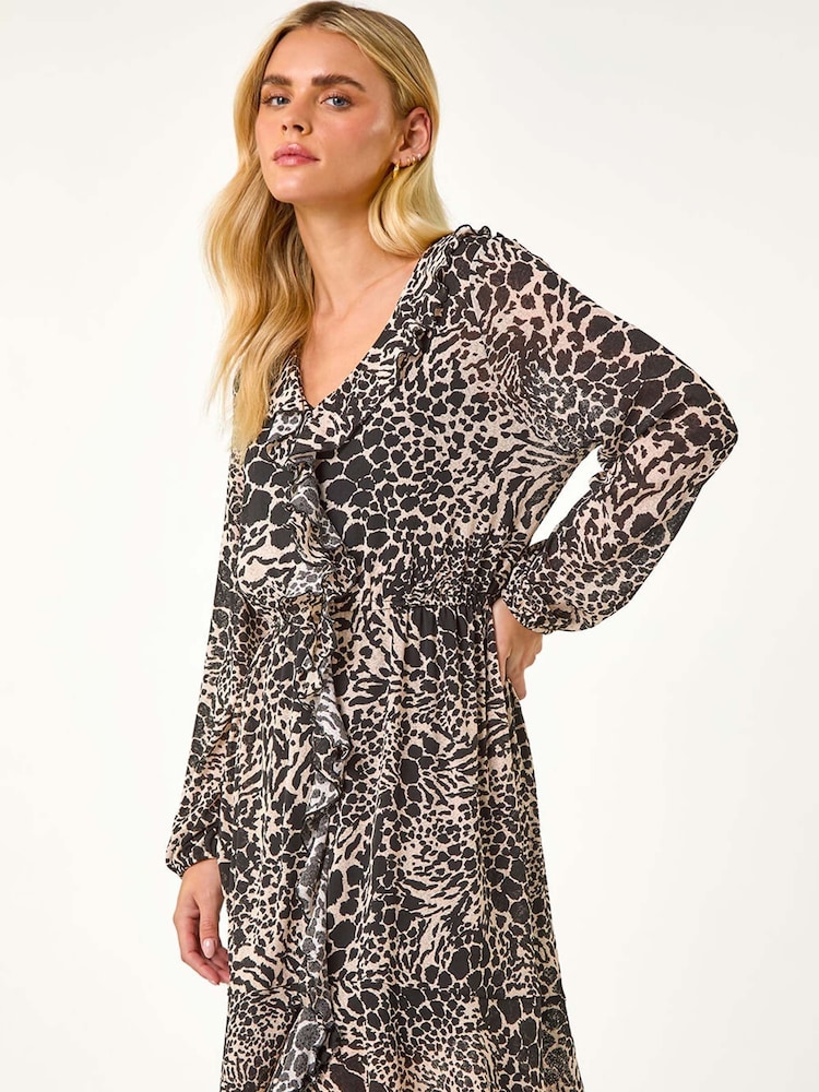 Roman Black Petite Animal Print Frill Dress - Image 2 of 5