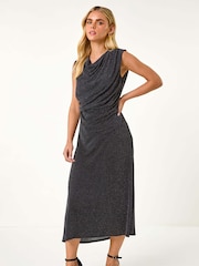 Roman Black Petite Sparkle Stretch Drape Dress - Image 1 of 5