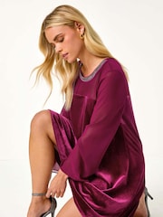 Roman Pink Petite Neck Trim Velvet Dress - Image 1 of 6