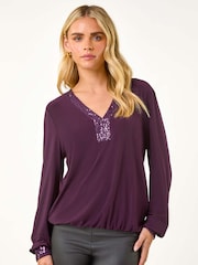 Roman Purple Petite Sequin Trim Blouson Top - Image 1 of 5