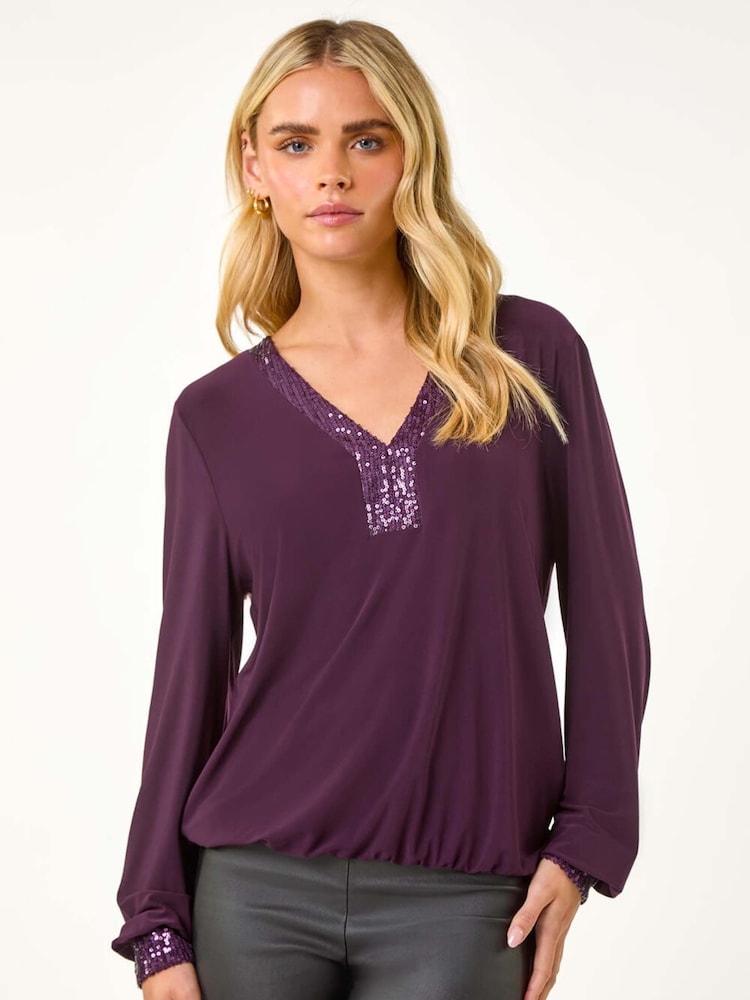 Roman Purple Petite Sequin Trim Blouson Top - Image 1 of 5