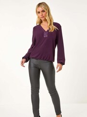 Roman Purple Petite Sequin Trim Blouson Top - Image 2 of 5