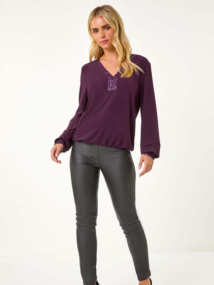 Roman Purple Petite Sequin Trim Blouson Top - Image 2 of 5