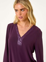 Roman Purple Petite Sequin Trim Blouson Top - Image 4 of 5