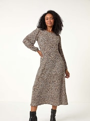 Roman Black Petite Plisse Animal Leopard Print Dress - Image 4 of 5