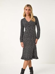 Roman Black Petite Plisse Spot Frill Dress - Image 1 of 5