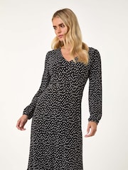 Roman Black Petite Plisse Spot Frill Dress - Image 2 of 5
