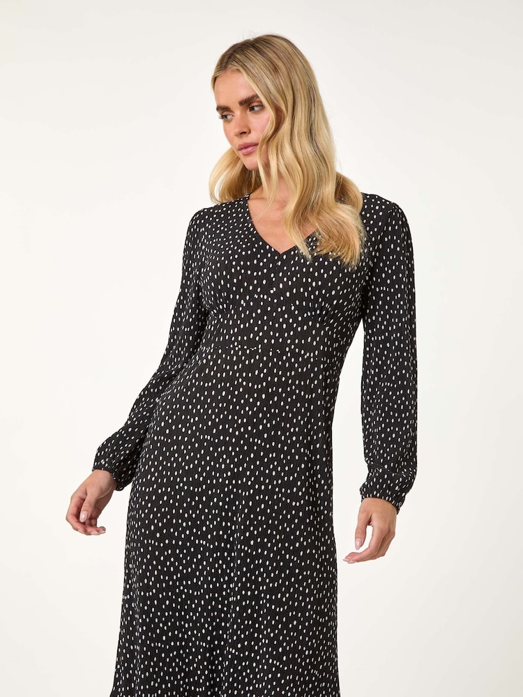 Roman Black Petite Plisse Spot Frill Dress - Image 2 of 5