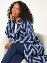 Roman Blue Petite Chevron Print Pocket Knit Coatigan - Image 1 of 5