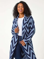 Roman Blue Petite Chevron Print Pocket Knit Coatigan - Image 4 of 5