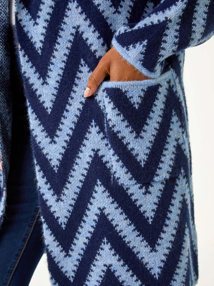 Roman Blue Petite Chevron Print Pocket Knit Coatigan - Image 5 of 5