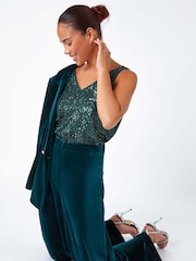 Roman Green Petite Wide Leg Velvet Stretch Trousers - Image 1 of 5