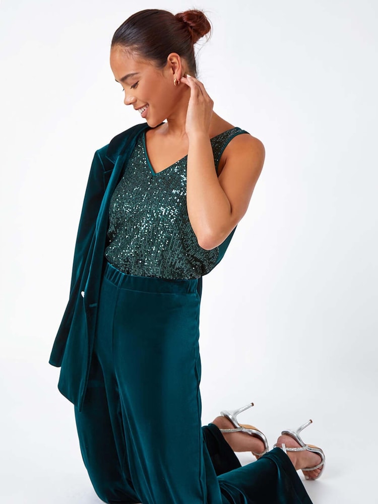 Verde - Roman Petite Wide Leg Velvet Stretch Trousers - Imagen 1 de 5 Verde - Roman Petite Wide Leg Velvet Stretch Trousers - Imagen 1 de 5