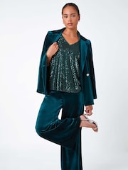 Roman Green Petite Wide Leg Velvet Stretch Trousers - Image 2 of 5