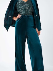 Roman Green Petite Wide Leg Velvet Stretch Trousers - Image 4 of 5