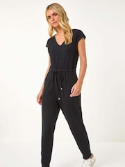 Roman Black Petite Tie Waist Rib Jersey Jumpsuit - Image 1 of 5