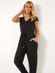 Roman Black Petite Tie Waist Rib Jersey Jumpsuit - Image 2 of 5