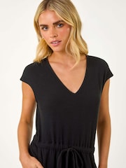Roman Black Petite Tie Waist Rib Jersey Jumpsuit - Image 4 of 5