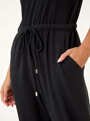 Roman Black Petite Tie Waist Rib Jersey Jumpsuit - Image 5 of 5