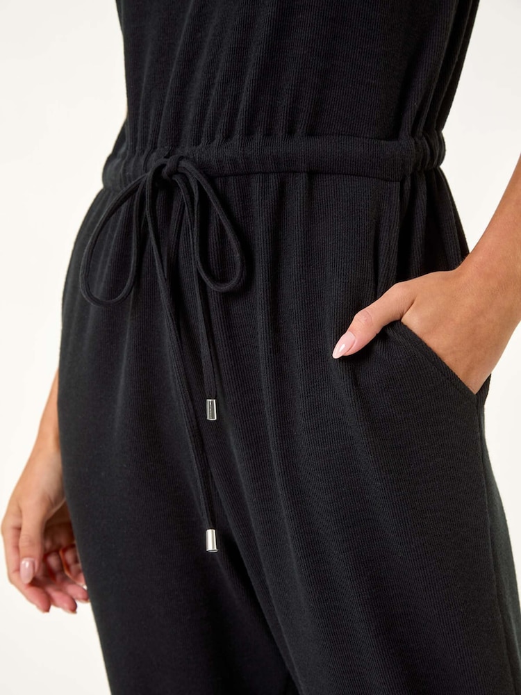 Roman Black Petite Tie Waist Rib Jersey Jumpsuit - Image 5 of 5