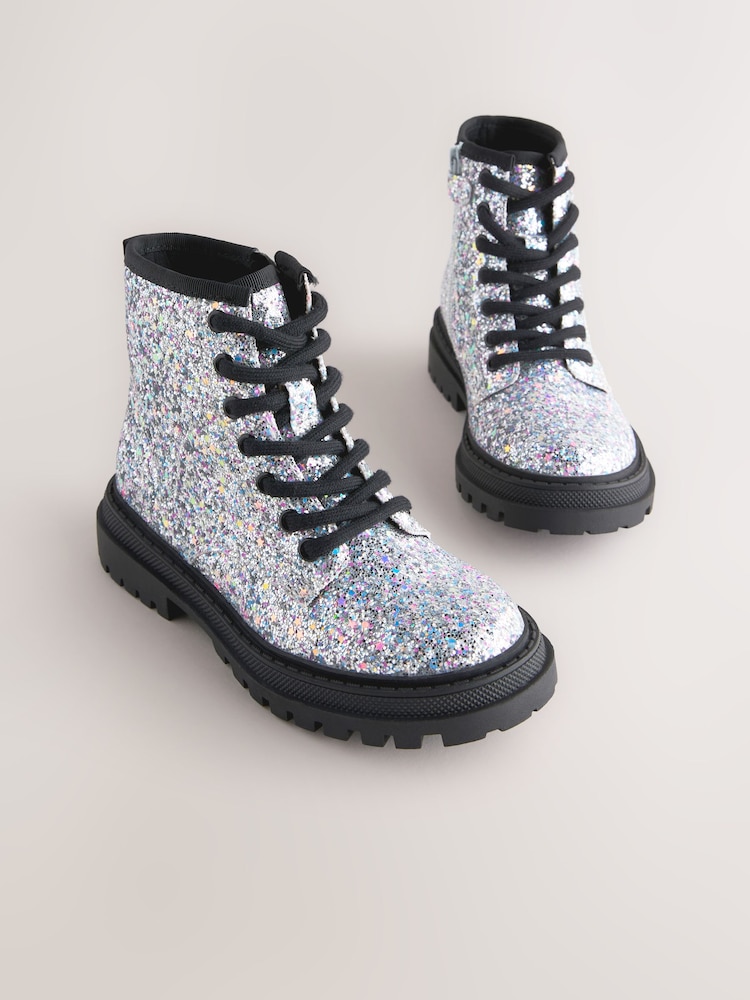 Silver Glitter Standard Fit (F) Warm Lined Lace-Up Ankle Boots - Image 1 of 5