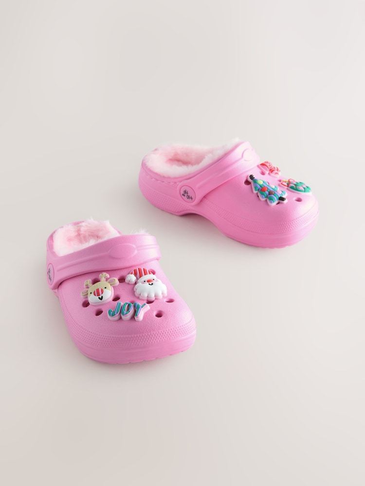 Pink Christmas Faux Fur Lined Clog Slippers - Image 1 of 6