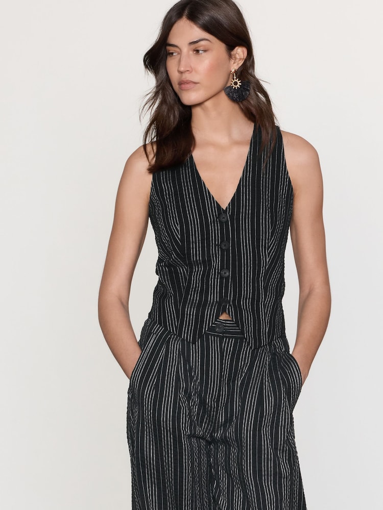 Black/White Striped Textured Waistcoat - Image 1 of 8