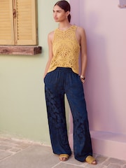 Azul marino - Pantalones de pernera ancha de jacquard de satén - Imagen 1 de 8