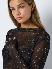 NOISY MAY Black Long Sleeve Star Print Rhinestone Mesh Top - Image 4 of 4