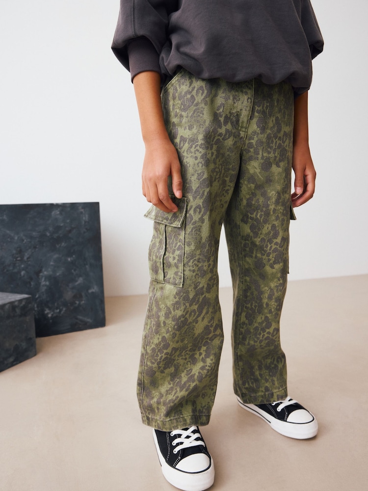 Green Leopard Wide Leg Cargo Jeans (3-16yrs) - Image 1 of 4 Green Leopard Wide Leg Cargo Jeans (3-16yrs) - Image 1 of 4