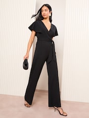 Friends Like These Black Short Frill Sleeve Scuba Wrap Jumpsuit - Image 3 of 4