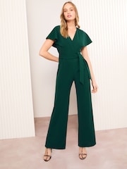 Friends Like These Green Short Frill Sleeve Scuba Wrap Jumpsuit - Image 1 of 4