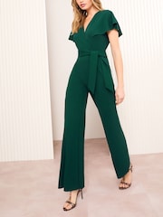 Friends Like These Green Short Frill Sleeve Scuba Wrap Jumpsuit - Image 2 of 4