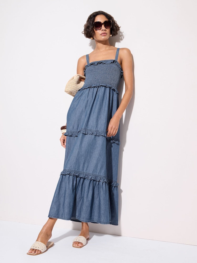 Friends Like These Rinse Blue Chambray Tiered 100% Cotton Midi Dress - Image 1 of 4