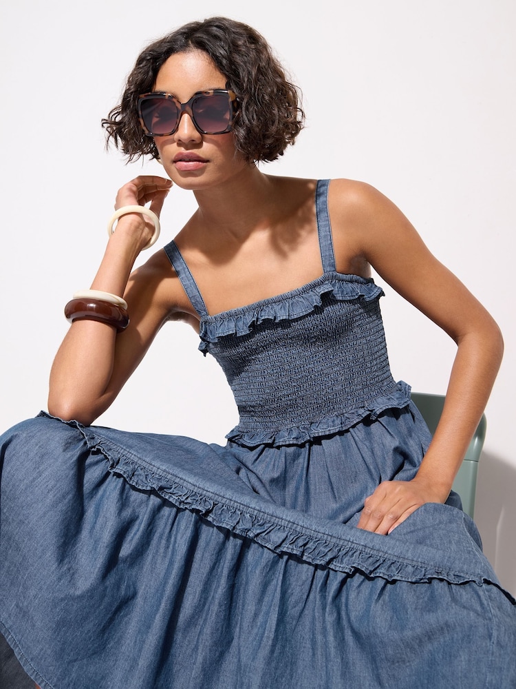Friends Like These Rinse Blue Chambray Tiered 100% Cotton Midi Dress - Image 2 of 4